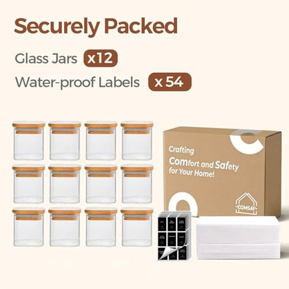 ComSaf Glass Spice Jars with Labels 4 oz 12 Pack Small Square Bamboo Lids | Empty Containers, Seasoning Herbs Powders, Salt Pepper Chili, Spice Rack Organization, Kitchen Cabinet Storage, Dry Goods