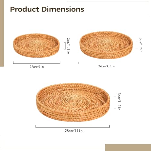 Woven Storage Basket Set 3 Pack, Round Decorative Serving Trays with Autumn Vine, Handcrafted Nesting Bowls for Fruit Bread Display, Rustic Home Decor for Table Organization