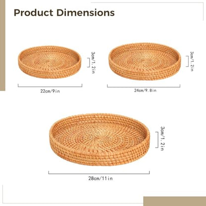 Woven Storage Basket Set 3 Pack, Round Decorative Serving Trays with Autumn Vine, Handcrafted Nesting Bowls for Fruit Bread Display, Rustic Home Decor for Table Organization