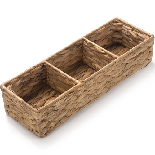 Wicker Bathroom Basket with 3 Compartments, Water Hyacinth Toilet Tank Basket, Woven Storage Box for Bathroom Organizer (16.5 x 5.5 x 3.5 inch) - size: 16.5" x 5.5" x 3.5"