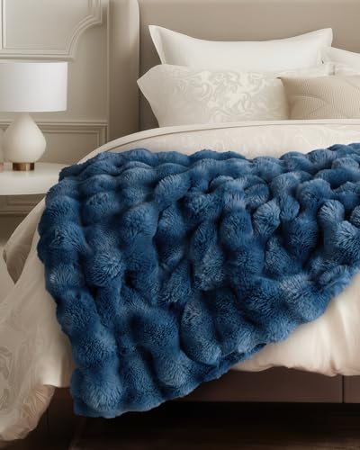 Ultra Soft Cozy Faux Fur Throw Blanket, Fuzzy Plush Thick Bubble Blanket, Oversize Luxury Fluffy Blanket for Couch, Bed, and Living Room, 60x80 Inches, Blue - color: Blue, size: Twin