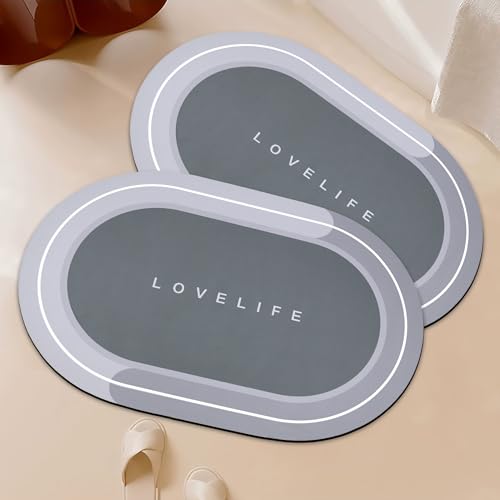 Rubber Bath mats Quick-Drying Non-Slip Bathroom mat Super Absorbent Bath mat Instant Dry Bath mat, Bathroom Rug in Front of The Kitchen Sink, Shower Room, Bathtub, Oval(2pcs Grey+16.9x26.7in) - color: Grey, size: 16.9x26.7in+16.9x26.7in