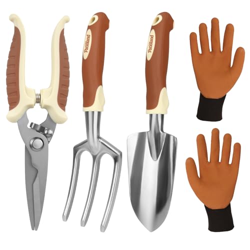 Brown Garden Tool Set 4-Piece, Trowel, Fork, Pruning Shear&Gloves | Aluminum Gardening Hand Tools, Non-Slip Ergonomic Handles, for Digging Weeding, Gift for Women Men Gardener Plant Lovers - color: brown-4pcs