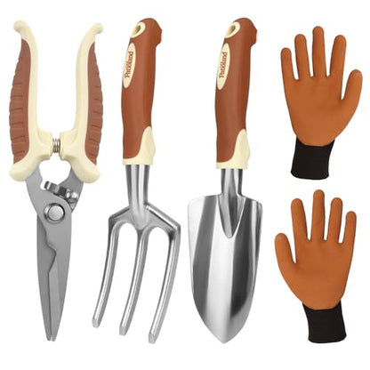 Brown Garden Tool Set 4-Piece, Trowel, Fork, Pruning Shear&Gloves | Aluminum Gardening Hand Tools, Non-Slip Ergonomic Handles, for Digging Weeding, Gift for Women Men Gardener Plant Lovers - color: brown-4pcs