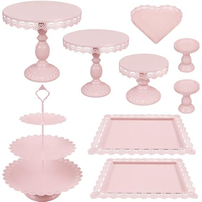 Set of 9 Cake Stands Metal Cupcake Stand Set Multiple Styles Candy Fruit Display Tower Dessert Plate Cake Serving Tray for Birthday Party Wedding Anniversary Baby Shower Engagement (Pink) - color: Pink