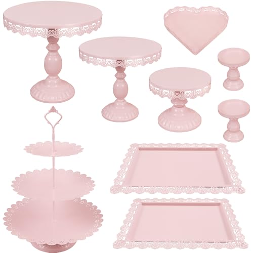 Set of 9 Cake Stands Metal Cupcake Stand Set Multiple Styles Candy Fruit Display Tower Dessert Plate Cake Serving Tray for Birthday Party Wedding Anniversary Baby Shower Engagement (Pink) - color: Pink