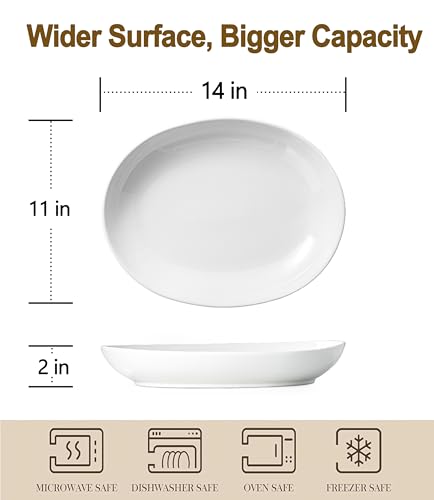 14 Inch Oval Serving Platters Set of 2, Large Wide Ceramic Serving Platter, White Porcelain Serving Trays for Entertaining, Turkey, Steak, Appetizers, Pasta, Salad