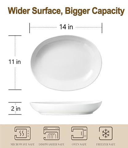 14 Inch Oval Serving Platters Set of 2, Large Wide Ceramic Serving Platter, White Porcelain Serving Trays for Entertaining, Turkey, Steak, Appetizers, Pasta, Salad
