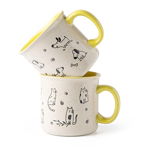 AmorArc 22 OZ Large Ceramic Coffee Mugs Set of 2, Oversized Mugs With Big Handle for Men Women Dad Mom, Big Mug With Textured Dogs Cats Patterns for Office & Home -Microwave Safe, 2 Pcs-Yellow - color: Yellow
