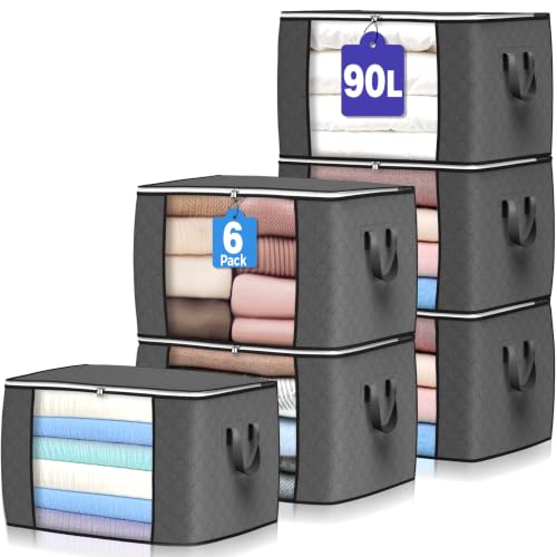 90L Large Storage Bags, 6 Pack Clothes Storage Bins Closet Organizers | Foldable Storage Containers, with Reinforced Handle, for Clothing, Blanket, Comforters, Bed Sheets, Pillows and Toys,Gray - color: Grey, size: 6 Pack