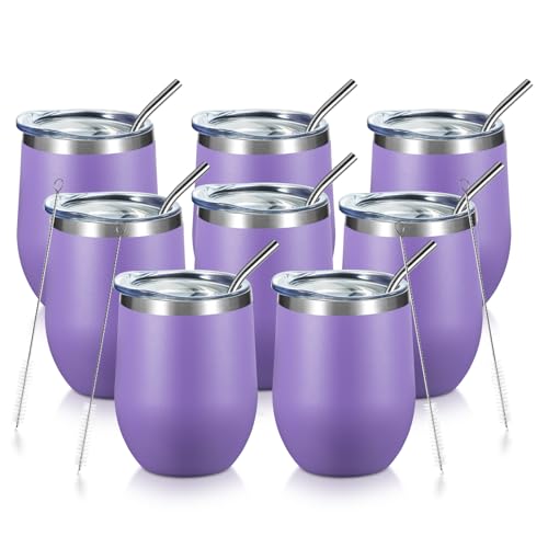 COMOOO Stainless Steel Wine Tumbler Bulk with Lid and Straw 12oz Double Wall Vacuum Insulated Travel Tumbler Cup Stemless for Hot and Cold Drinks, Coffee, Wine, Cocktails (Light Purple, 8 Pack) - color: Light Purple