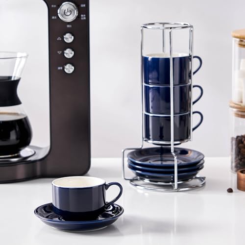 2.5oz Espresso Cups Set of 4, Small Stackable Coffee Cups with Saucers and Metal Stand, Ceramic Demitasse Cups, Cappuccino Cups for Coffee Drinks, Latte, Blue - color: Blue, size: 2.5oz