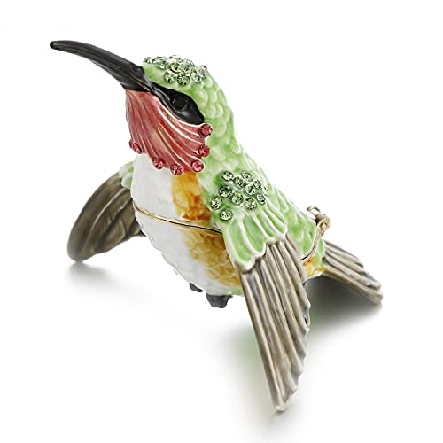 Hand Painted Enamel Hummingbird Trinket Box for Home Decor, Hinged Jewelry Organizer for Ring Earrings, Unique Figurine Keepsake Collectible Personalized Handmade Ornament Gifts (Green Hummingbird-1) - color: Green Hummingbird-1