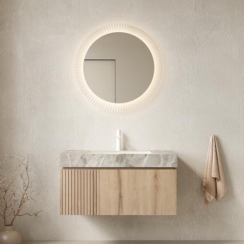 36" Floating Bathroom Vanity with Sink, MURI Wall Mounted Plywood Cabinet, Sintered Stone Countertop, Ceramic Basin with 1 Faucet Hole, Drawer & Door Storage, Pre-Assembled, Light Gray Top White Oak - color: White Oak,light Gray Top, size: 36"+Light Gray