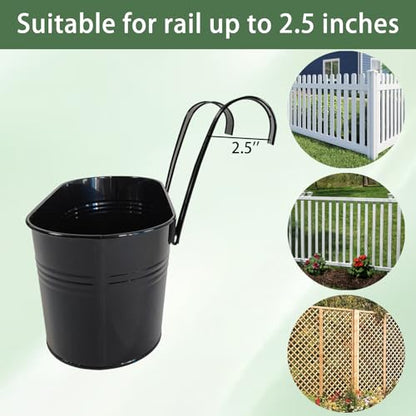 10" Metal Hanging Planter for Railing with Detachable Hooks, Black, 4 Pcs | Removable hook, Drainage hole, Rustproof, For flowers / herbs / succulents, veggies, For railings / fences / balconies - color: Black