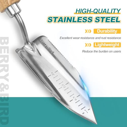 Berry&Bird Potting Trowel, Stainless Steel Serrated Hand Shovel, Wood Handle Garden Trowel Tool with Measuring Scale for Effortless Digging,Roots，Planting, Cutting and Transplanting - color: Potting Trowel