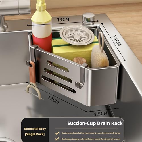 Kitchen Sink Sponge Holder – Adhesive No-Drill Caddy, Rustproof Organizer with Suction Cups | Storage Rack for Sponge, Soap, Stopper & Brush (Sink Caddy With 2 Hooks) | Kitchen Sink Sponge Holder