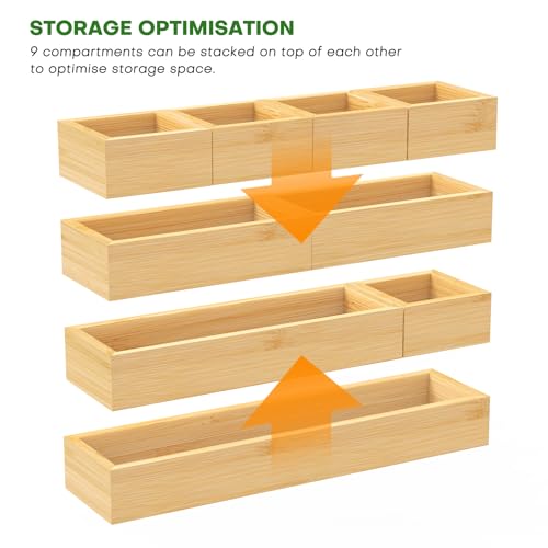 MapleGrace Bamboo Drawer Organizer Set, 9 PCS Wood Storage Organizers | Multi-Use Junk Drawer Divider, Storage Trays Containers for Kitchen, Bathroom, Office Desk, Makeup, Jewelry, Utensils - size: 9