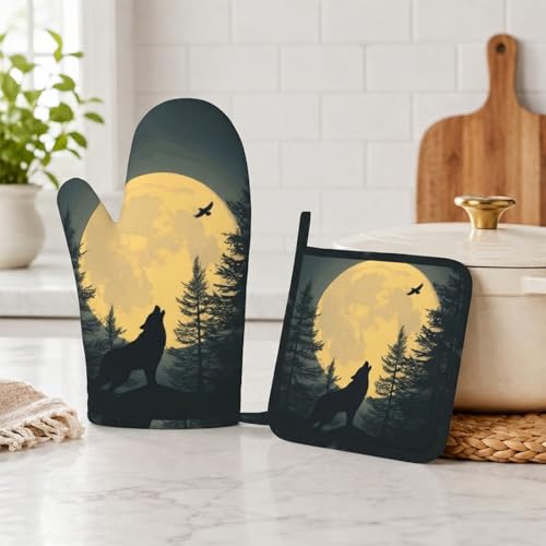 Black Wolf Howling at The Moon Oven Mitt and Pot Holder with Silicone Heat Resistant Kitchen for Cooking BBQ Baking Grilling Cooking Protection - color: Black Wolf Howling at the Moon