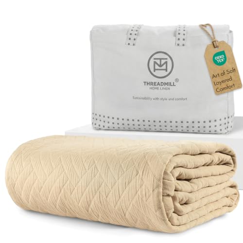 Threadmill Cotton King Coverlet Blanket, Criss Cross Jacquard, Beige | 100% Cotton, Criss Cross Jacquard Pattern, 104x92 in, All-Season, Lightweight, OEKO-TEX Certified, Machine Washable - color: Classic Beige, size: King / Cal King