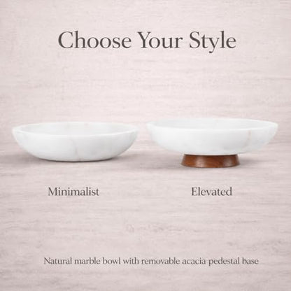 Decorative Marble Bowl White - Handcrafted Natural Stone on Removable Acacia Wood Pedestal Base - Versatile 10" Catch‑All Centerpiece - Entryway, Dining Table, Kitchen Fruit Bowl, Key Holder (White) - color: White