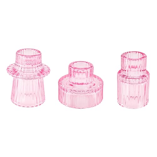 Glass Candlestick Holders, Taper Candle Holders, Set of 3, Pink | Double-sided ribbed glass taper candle holders for weddings, parties,Valentine’s Day,Mother’s Day,Christmas, and home decor - color: Pink, size: 3 PCS