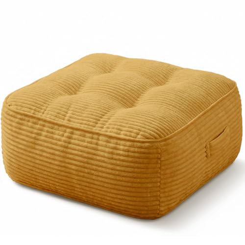11" Thick Washable Floor Pillow for Adults, Yoga & Meditation Cushion with Handle, Square Large Pillows Seating with Removable Tufted Corduroy Cover for Tatami Living Room Board Games, Yellow - color: Yellow
