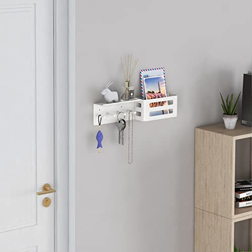 MKO Key Holder Wall Mount, Adhesive Key Hanger with 4 Hooks for Wall, White | Metal Material, Key Rack with Shelf, Wall Mount, Mail Organizer Tray, Suitable for Entryway, Hallway, Living Room - color: White with Shelf