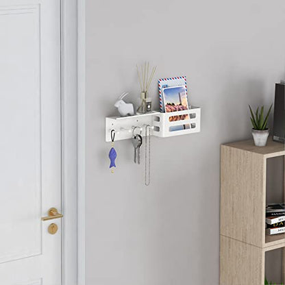 MKO Key Holder Wall Mount, Adhesive Key Hanger with 4 Hooks for Wall, White | Metal Material, Key Rack with Shelf, Wall Mount, Mail Organizer Tray, Suitable for Entryway, Hallway, Living Room - color: White with Shelf