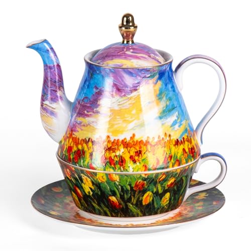 KAMMAK Tea for One Set, Ceramic Teapot, Bone China Tea Set, Cup and Saucer | Colorful, Porcelain Stackable Tea Pot Set with Golden Trim for Coffee and Cappuccino, Ideal for Afternoon Tea and Gifts, YX7 - color: Colorful-XY7