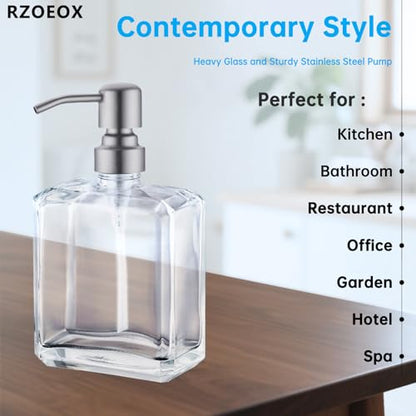 Clear Glass Soap Dispenser with Brushed Nickel Pump, 13.5 OZ Liquid Soap Dispenser Square with Stainless Steel Pump for Dish Hand Soap Bathroom Kitchen Vanity Countertop - color: Brushed Nickel, size: 13.5 oz