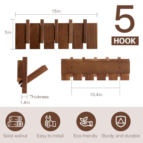 Coat Rack Wall Mount, Walnut 5 Flip-Down Picket Hanger Hooks for Entryway | Heavy Duty 5 Hook Wall Hanger for Coats, Hats, Keys, Bags, Space Saving Hallways Bedroom Bathroom Mounting, Hardware Included - size: 5 Hooks