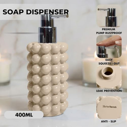 Better Trends Bathroom Accessories Set 3 Pieces Resin Bubble Textured Soap Dispenser, Toothbrush Holder & Tumbler for Vanity, Kitchen Sink & Countertop Organization Sand Nova Collection - color: Sand