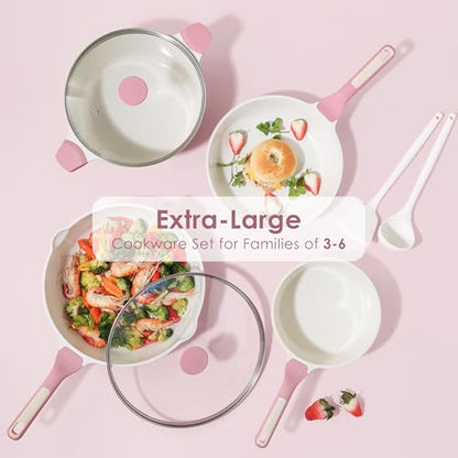 SENSARTE Nonstick Ceramic Cookware Set Large 13-Piece, Healthy Pots and Pans Set Dishwasher Safe, Non-toxic Kitchen Cooking Set with Stay-Cool Handles, Induction Compatible, PFAS Free, Pink - color: Blossom Pink