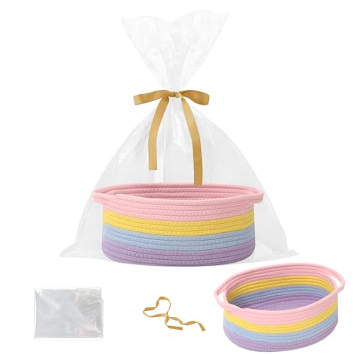 Woven Rope Basket,Baby Gift Basket with Bag & Ribbon, Rainbow | Cotton rope with handle, 12x8x5 in, gift bag and ribbon, for baby shower, birthday, toy storage, nursery, shelf decor - color: Rainbow Pastel