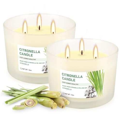 Citronella Candle Set of 2, 14oz Frosted Jar Triple-Wick, Clean & Smokeless for Outdoor Patio, Garden, Deck, Porch Ambiance with Natural Citronella Scent - color: 2Pack-Frosted Ivory