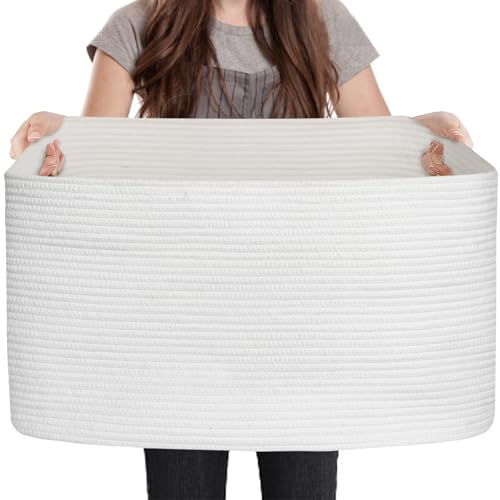 Extra Large White Storage Basket, 23.6" x 17" x 12" Rectangle Blanket Storage for Living Room, White Woven Cotton Rope Basket, Big Kids Toy Box Bin, XXXL Wicker Laundry Baskets for Organizing - color: White, size: 23.6"x17"x12