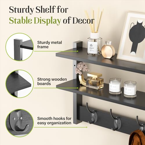Two-Tier Wall Shelf with Hooks, 17" Coat Rack Wall Mount with Shelf, Entryway Key Hooks for Wall with Heavy Duty Double Hooks, Coat Hook Wall Mounted for Bedroom, Living Room, Black - color: Black-1 Pack