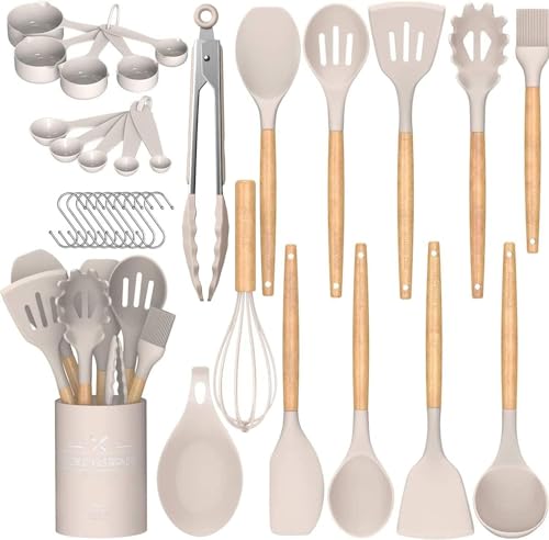 Umite Chef Kitchen Cooking Utensils Set, 33 pcs Non-Stick Silicone Cooking Kitchen Utensils Spatula Set with Holder, Wooden Handle Silicone Kitchen Gadgets Utensil Set (Khaki) - color: Khaki