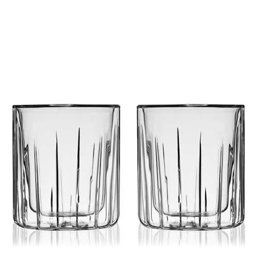 Viski Double Walled Rocks Glasses - Insulated Whiskey Tumblers with Cut Crystal Design - Dishwasher Safe 10.5oz Set of 2 - style: Double Walled Rocks