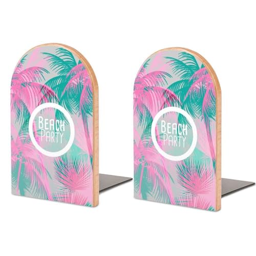Heavy Duty Non-Slip Beech Wood Bookends, 1 Pair Adjustable Book Ends with Metal Base, Sturdy Book Organizer for Shelves, Home Office Library Tropical Background with Palm Tree - color: Tropical Background With Palm Tree