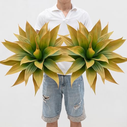 Ttranewsoo Artificial Plants Outdoor Faux Plant,28" Artificial Agave Faux Hostas Outdoor Uv Resistant Artificial Plants Indoor Fake Plant Artificial Agave Plant Indoor 2Pack, Yellow - color: 28"yellow