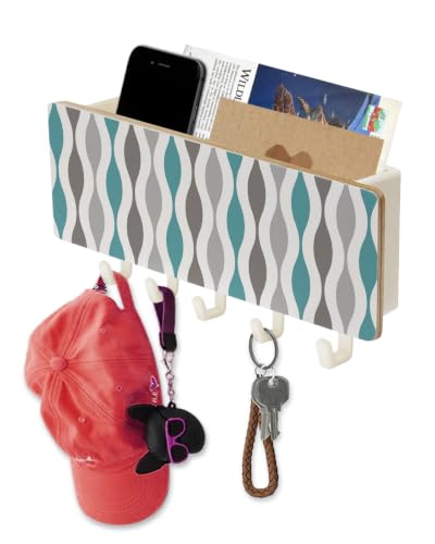 Key Holder for Wall Mid Century Abstract Art Key and Mail Holder with Shelf 5 Hooks Storage Key Organizer Rack Symmetrical Geometric Turquoise Grey Wood Wall Key Hanger for Entryway Hallway Home Decor - color: Turquoise, size: White