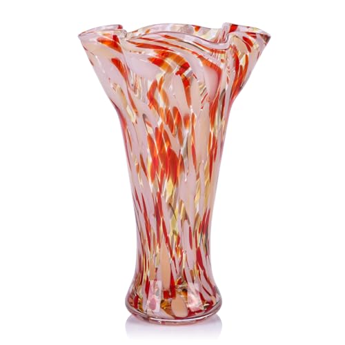 9.0" H Blush Pink Glass Vases for Flower, Unique Hand Blown Glass Vase | Wide Mouth Colorful Flower Vase for Bouquet or Centerpieces, Coastal Vases for Living Room Table Bookshelf, Shelf Decorative - color: Blush Pink