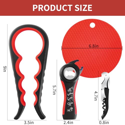 Bloss Jar Opener Can Opener Kitchen Grippers, Multi-use Lid Opener Set | Anti-skid Jar Openers for Weak hands, Seniors with Arthritis, Includes Non-slip Rubber Gripper Pad & Wine Opener, Black Red - color: Black Red-4pcs