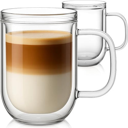 Aquach 16oz Double Walled Glass Coffee Mugs Set of 2, Insulated Teacups | Dishwasher/Microwave Safe, Borosilicate Glass, Double-walled, Smooth Rim, Comfort Handle, Sweat-proof Grip