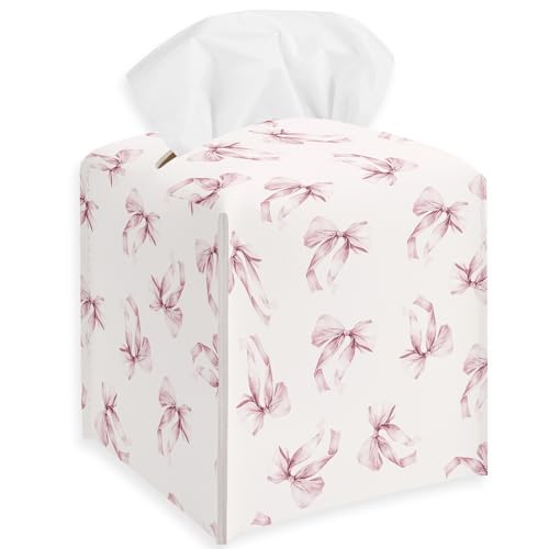Pink Watercolor Bow Tissue Box Cover, Bow Leather Tissue Box Holder Square Facial Paper Organizer Dispenser for Bathroom Kitchen Bedroom Vanity Countertop Nightstands - color: Pink Watercolor Bow