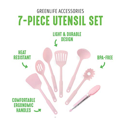 GreenLife Cooking Tools and Utensils, 7 Piece Nylon Set including Spatulas Turner Spoons and Tongs, Dishwasher Safe, Pink - color: Pink