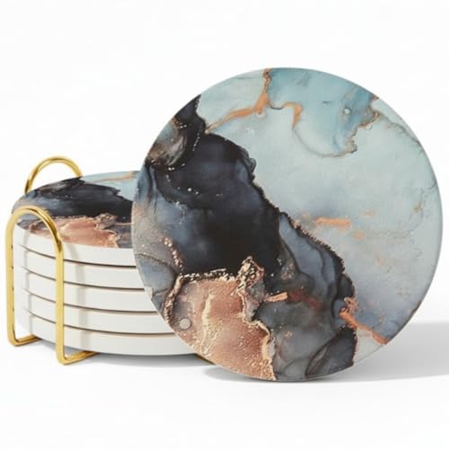 Ceramic Marble Coasters Set of 6, Absorbent Drink Coasters for Table | Moisture-absorbing marble stone coasters for coffee table; cute alternative to cork or glass - color: Black