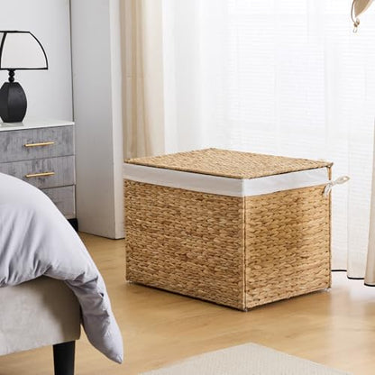 Water Hyacinth Storage Basket with Lid, 46.2 Gallon (175L) Wicker Shelf Basket with Removable Liner, Wicker Storage Basket for Blanket, for Livingroom, Bedroom, Natural - size: 27.6"L x 19.7"W x 19.7"H